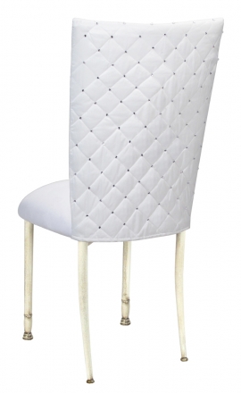 White Diamond Tufted Taffeta Chair Cover with White Suede Cushion on Ivory legs (1)