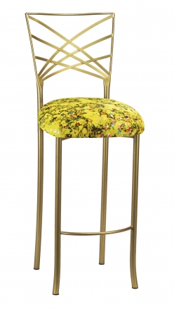 Gold Fanfare Barstool with Yellow Paint Splatter Knit Cushion (2)