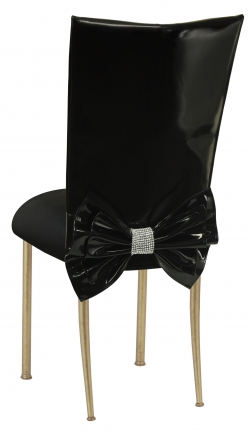 Black Patent Leather Chair Cover with Rhinestone Bow and Black Stretch Knit Cushion on Gold Legs (1)