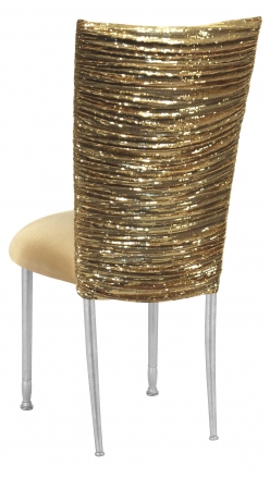 Gold Bedazzled Chair Cover with Gold Stretch Knit Cushion on Silver Legs (1)