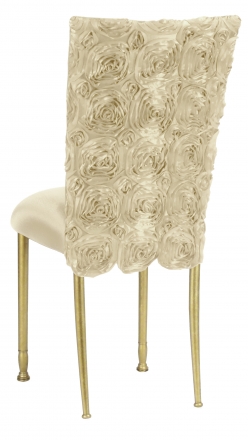 Ivory Rosette Chair Cover with Ivory Stretch Knit Cushion on Gold Legs (1)