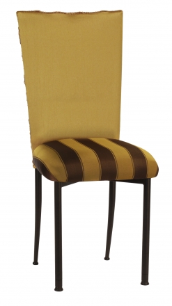 Gold Circle Ribbon Taffeta Chair Cover with Gold and Brown Stripe Cushion on Brown Legs (2)