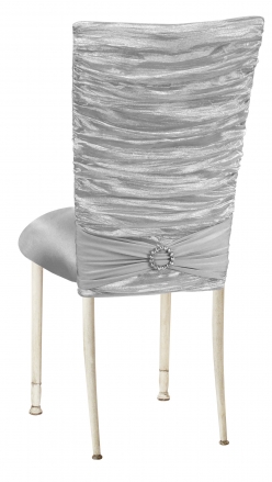Silver Demure Chair Cover with Jeweled Band and Silver Stretch Knit Cushion on Ivory Legs (1)