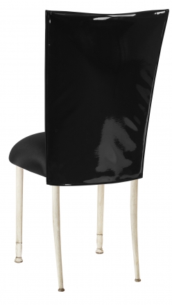 Black Patent Leather Chair Cover with Black Knit Stretch Knit Cushion on Ivory Legs (1)