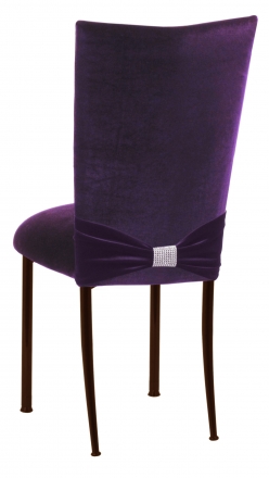 Deep Purple Velvet Chair Cover with Rhinestone Accent and Cushion on Brown Legs (1)