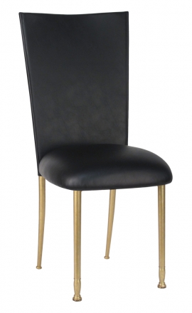 Black Leatherette Chair Cover and Cushion on Gold Legs (2)
