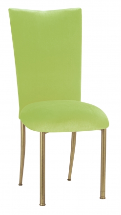 Lime Green Velvet Chair Cover and Cushion on Gold Legs (2)