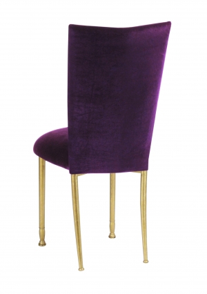 Eggplant Velvet Chair Cover and Cushion on Gold Legs (2)