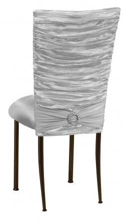 Silver Demure Chair Cover with Jewel Band and Silver Stretch Knit Cushion on Brown Legs (1)