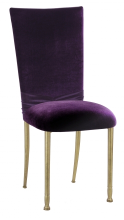 Deep Purple Velvet Chair Cover with Rhinestone Accent and Cushion on Gold Legs (2)