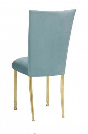 Ice Blue Suede Chair Cover and Cushion on Gold Legs (1)