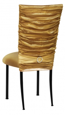 Gold Demure Chair Cover with Jeweled Band and Gold Stretch Knit Cushion on Black Legs (1)