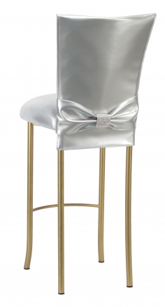Silver Patent Barstool 3/4 Chair Cover with Rhinestone Accent Belt and Metallic Silver Stretch Knit Cushion on Gold Legs (1)