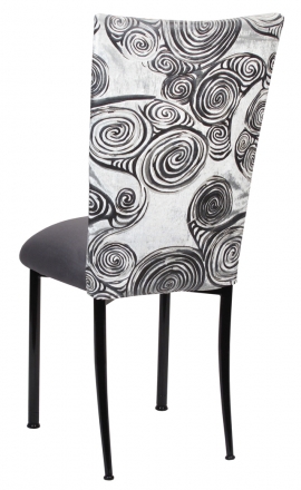 White Swirl Velvet Chair Cover with Charcoal Suede Cushion on Black Legs (1)