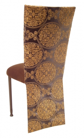 Brown and Gold Crest Chair Cover with Chocolate Suede Cushion on Brown Legs (1)