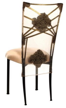 Two Tone Gold Fanfare with Organza Medallion 3/4 Chair Cover and Toffee Stretch Knit Cushion (1)