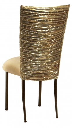 Gold Bedazzled Chair Cover with Gold Stretch Knit Cushion on Brown Legs (1)