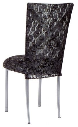 Silver X with Black Lace Chair Cover and Black Lace over Black Stretch Knit Cushion (1)
