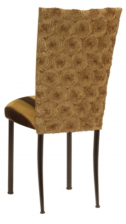 Gold Circle Ribbon Taffeta Chair Cover with Gold and Brown Stripe Cushion on Brown Legs (1)