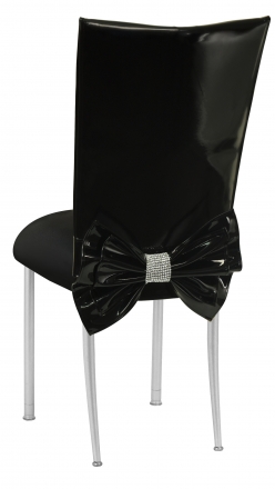 Black Patent Leather Chair Cover with Rhinestone Bow and Black Stretch Knit Cushion on Silver Legs (1)