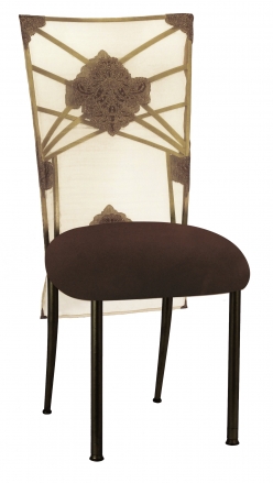 Two Tone Gold Fanfare with Organza Medallion 3/4 Chair Cover and Chocolate Suede Cushion (2)