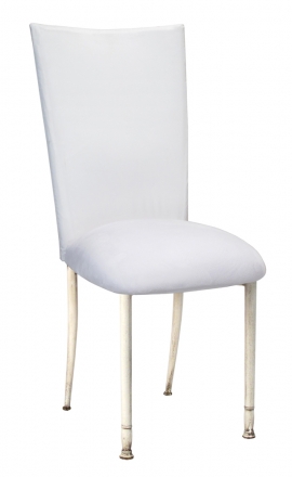White Diamond Tufted Taffeta Chair Cover with White Suede Cushion on Ivory legs (2)