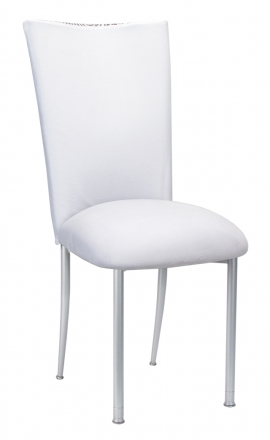 White Swirl Velvet Chair Cover with White Suede Cushion on Silver Legs (2)