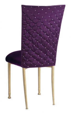 Purple Diamond Tufted Taffeta Chair Cover with Deep Purple Velvet Cushion on Gold Legs (1)