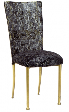 Gold Bella Fleur with Black Lace Chair Cover and Black Lace over Black Stretch Knit Cushion (2)