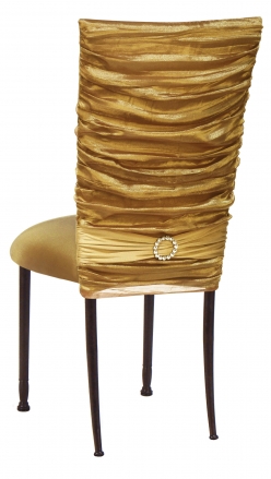 Gold Demure Chair Cover with Jeweled Band and Gold Stretch Knit Cushion on Mahogany Legs (1)
