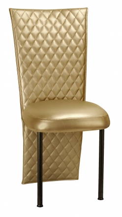 Gold Quilted Leatherette Chair Cover with Gold Stretch Vinyl Boxed Cushion on Brown Legs (2)