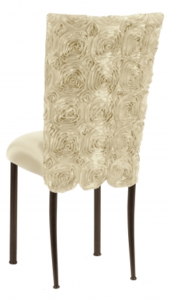 Ivory Rosette Chair Cover with Ivory Stretch Knit Cushion on Brown Legs (1)