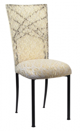 Two Tone Gold Fanfare with Ivory Lace Chair Cover and Ivory Lace over Ivory Stretch Knit Cushion (2)