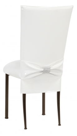 White Patent Chair Cover and Rhinestone Belt with White Stretch Knit Cushion on Brown Legs (1)