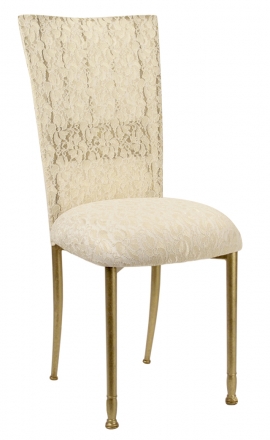 Gold Bella Fleur with Ivory Lace Chair Cover and Ivory Lace over Ivory Stretch Knit Cushion (2)