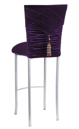 Eggplant Velvet Chloe Chair Cover with Eggplant Hat and Tassel with cushion on Silver Legs (1)