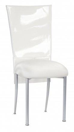 White Patent Chair Cover and Rhinestone Belt with White Stretch Knit Cushion on Silver Legs (2)