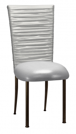 Chloe Metallic Silver on White Foil Chair Cover with Metallic Silver Stretch Knit Cushion on Brown Legs (2)