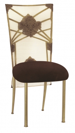 Gold Fanfare with Organza Medallion 3/4 Chair Cover and Chocolate Suede Cushion (2)
