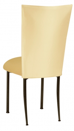 Lemon Ice Dupioni Chair Cover with Gold Knit Cushion on Brown Legs (1)