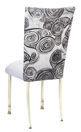 White Swirl Velvet Chair Cover with White Suede Cushion on Ivory Legs (1)