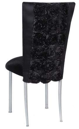 Black Rosette Chair Cover with Black Velvet Cushion on Silver Legs (1)