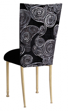 Black Swirl Velvet Chair Cover with Black Velvet Cushion on Gold Legs (1)