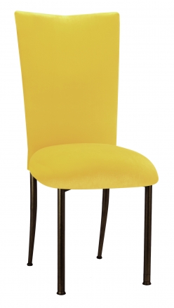 Sunshine Yellow Velvet Chair Cover and Cushion on Brown Legs (2)
