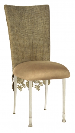 Burlap Chantilly 3/4 Chair Cover with Camel Suede Cushion on Ivory Legs (2)