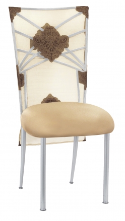 Silver Fanfare with Organza Medallion 3/4 Chair Cover and Toffee Stretch Knit Cushion (2)