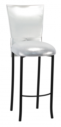 Silver Patent Barstool 3/4 Chair Cover with Rhinestone Accent Belt and Metallic Silver Stretch Knit Cushion on Black Legs (2)