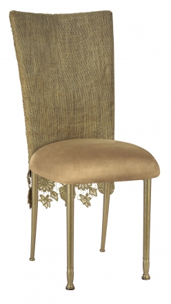 Burlap Chantilly 3/4 Chair Cover with Camel Suede Cushion on Gold Legs (2)