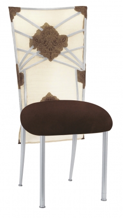 Silver Fanfare with Organza Medallion 3/4 Chair Cover and Chocolate Suede Cushion (2)