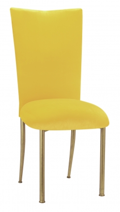 Sunshine Yellow Velvet Chair Cover and Cushion on Gold Legs (2)